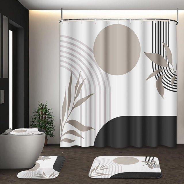 Tayney Boho Mid Century Shower Curtain Set with Toilet Lid Cover and Non-Slip Rugs, Abstract Geometric Vintage Grey 4 Pcs Modern Minimalist Shower Curtain for Bathroom Set with 12 Hooks