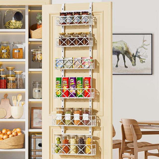 Over the Door Pantry Organizer 6-Tier Adjustable Baskets Hanging Spice Door Rack Narrow - 13.1" W x 52.3" H Behind the Door Storage for Kitchen, Bathroom, and Closet Organization-White