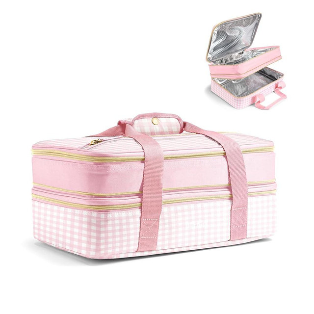 Fit & Fresh Insulated Casserole Carrier - Double Decker Food Carrier Fits Two 9x13 Dishes, Expandable Hot & Cold Food Transport Bag with Zipper Pocket for Potluck, Easter & Travel, Pink Gingham