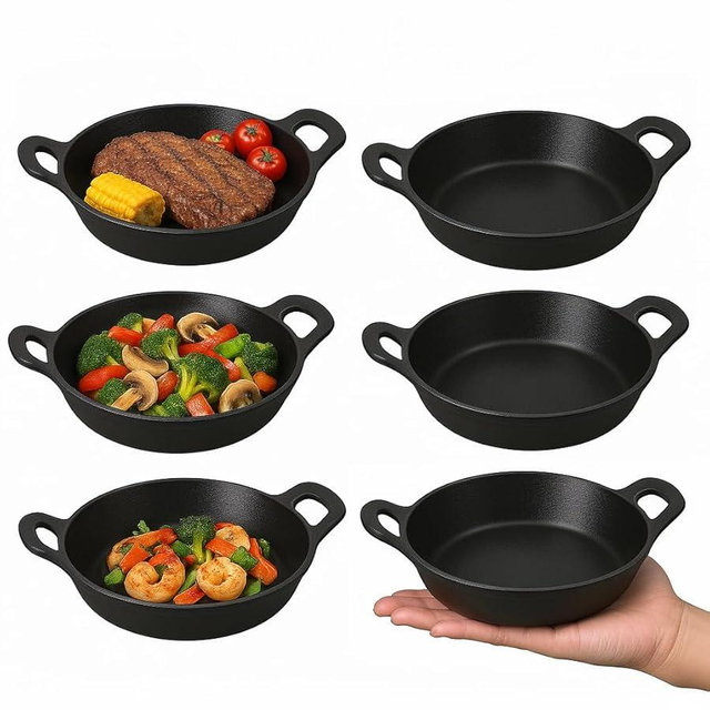 Mini Cast Iron Skillets Set of 6, 5 x 5 x 1.3 Inch Small Cast Iron Pan with Handles, Mini Ramekins Round Black Casserole Dish Cookware Small Skillets for Serving Food Frying Baking Cooking Roasting