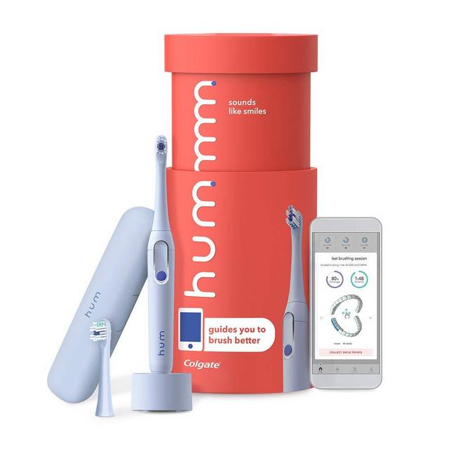 hum by Colgate Smart Electric Toothbrush Kit, Rechargeable Sonic Toothbrush with Travel Case, 2 Brush Heads, Blue