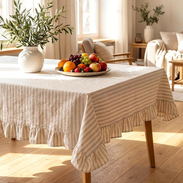 Boao Cotton 52 x 70 Inch Farmhouse Ruffle Tablecloth Beige White Striped Flounces Trim Table Cover for Rectangle Table Kitchen Party Wedding Decor