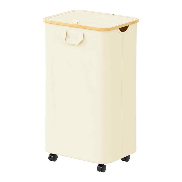 SpaceAid Laundry Hamper with Wheels and Lid, 26 Gal (100L) Rolling Clothes Basket with Bamboo Handle, Large Laundry Hamper for Bedroom, Bathroom, Dorm, Laundry Room - Beige