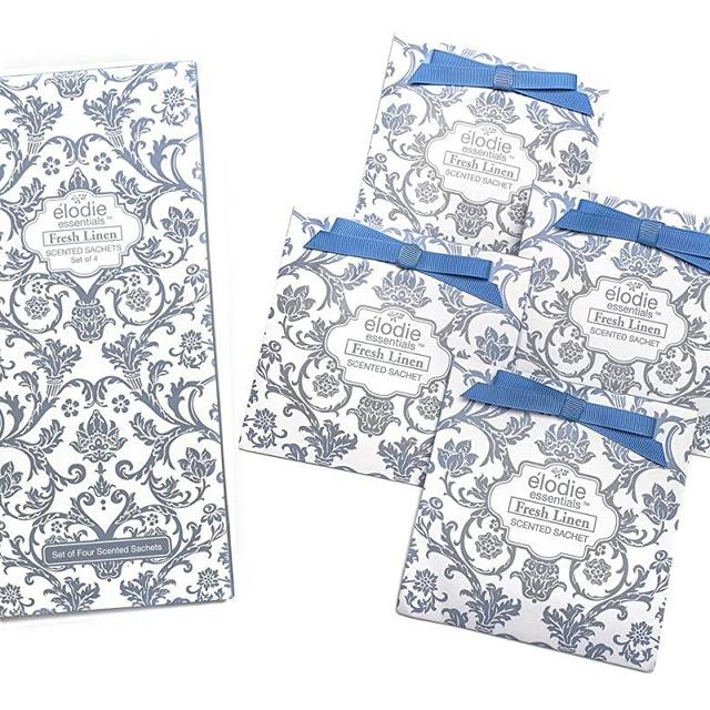 Elodie Essentials Scented Drawer Sachets - for Lingerie Drawers, Linen Cabinets, and Closets - Four (4) Large Gift Wrapped Packets - Royal Damask Print - Fresh Linen