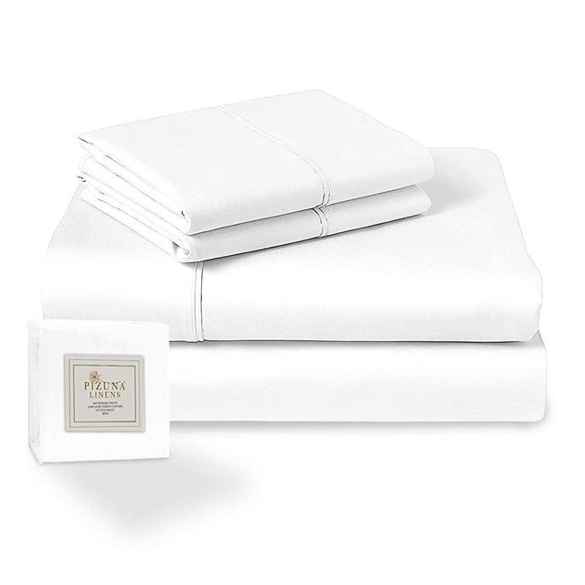 Pizuna 400 Thread Count White 6 Piece King Sheets Set Includes 2 Extra Pillow Cases, 100% Long Staple Cotton Soft Sateen Weave King Size Bed Sheet Set with Deep Pocket (6 pc White Bed Sheets)