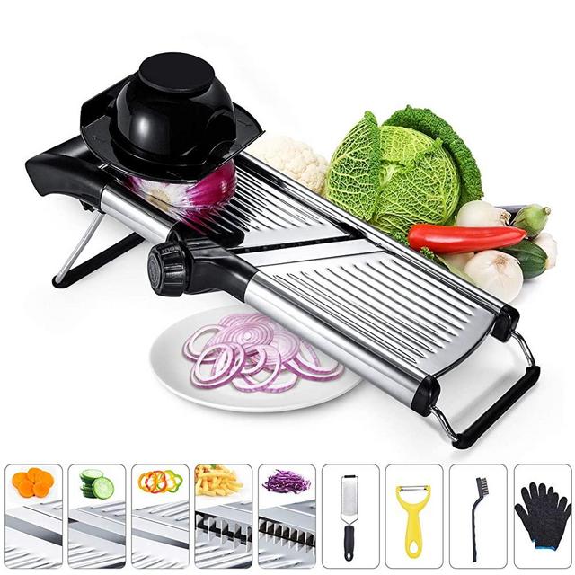 Adjustable Mandoline Food Slicer Stainless Steel Kitchen Food Cutter and Chopper for Vegetable Onion Potato Chip French Fry Julienne Slicer, Come with Guard Gloves Cheese Grater Peeler and Wire Brush