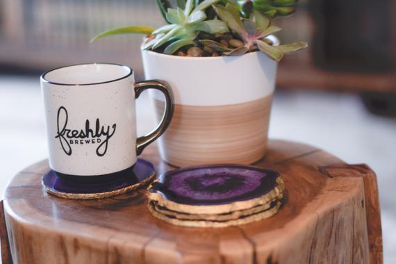 Agate Coasters  | Set of 4 - Purple with Gold Rim