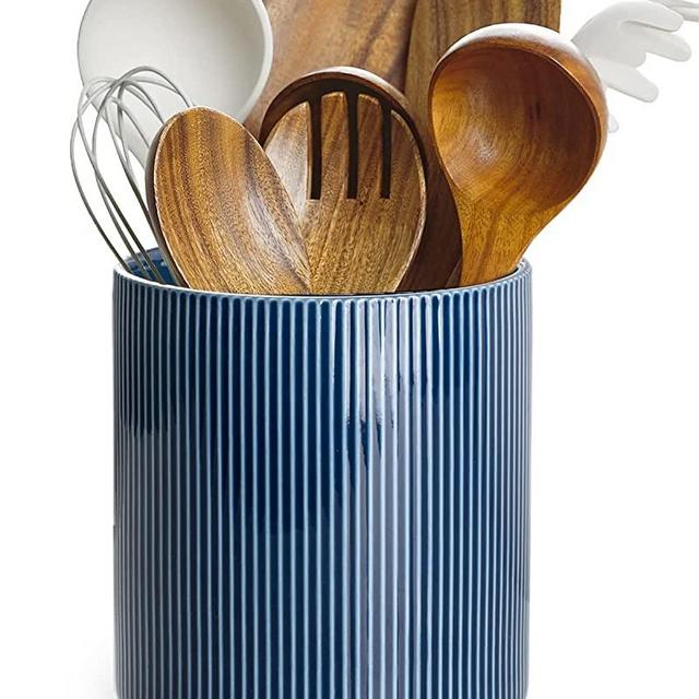 Getstar Utensil Holder, Large Kitchen Utensil Holder for Kitchen Counter (H7.2” x W6.2”), Ceramic Cooking Utensil Holder with Cork Mat, Kitchen Decor for Counter (Navy, Utensils Not Included)