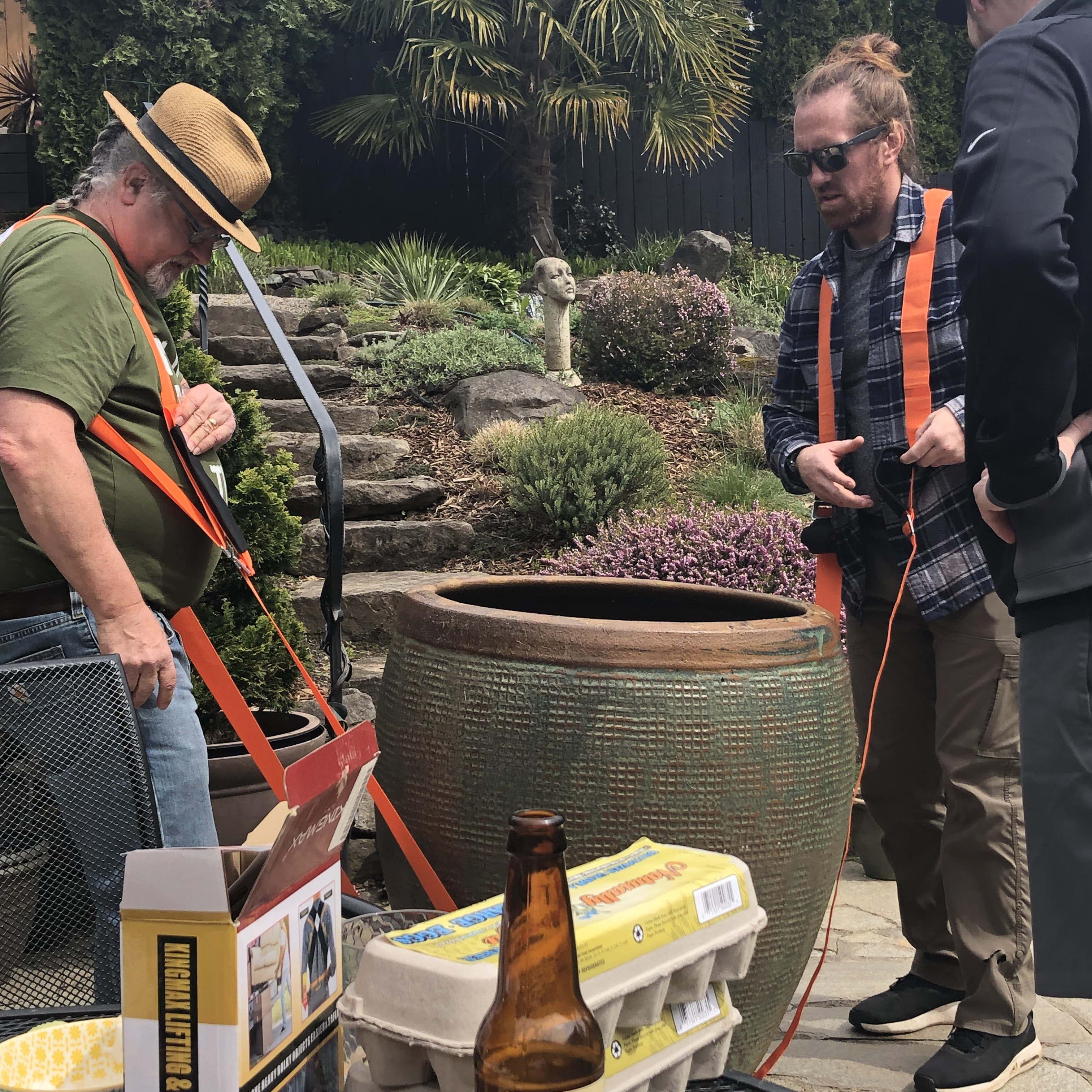 Robert & Jim lifting a massive pot (up those stairs!) for Tamara.
Bryce does a great job witnessing.