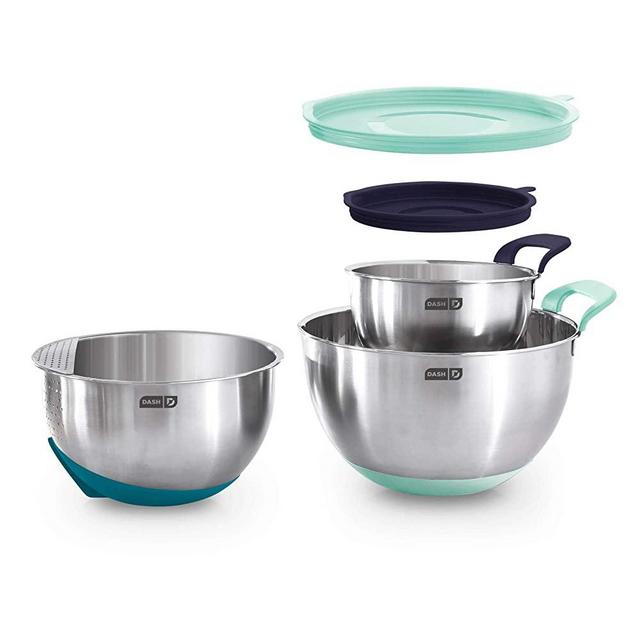Dash Stainless Steel Mixing Lids, Silicone Non-Slip Base with Measuring Lines and Strainer, 3 Bowl Set, 1.5, 3, 5 Quart, Quart, 3 Quart, 5 Quart, Assorted Blue: Aqua, Teal, Midnight