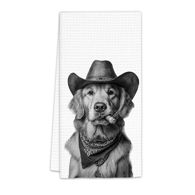 FIicy Golden Retriever Gifts Western Dog Kitchen Towels, Gifts for Golden Retriever Lovers Cowboy Decorative Hand Dish Tea Towel for Kitchen, Funny Dog Cowboy Cowgirl Home Bathroom Decor(16x24In)