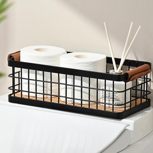 RoleDes Toilet Paper Storage Basket with Grip Detachable Wood Base Toilet Tank Basket for Bathroom Tank Topper, Wall Mount Bathroom Organizer Black Small Metal Wire Storage