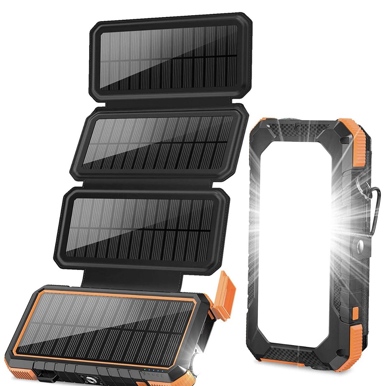 BLAVOR Solar Charger with Foldable Panels, Outdoor Power Bank 18W Fast Charging, 20,000mAh Solar Powered Charger with Camping Light/Flashlight/Compass Type C USB Charger 3 Outputs/Dual Inputs (Orange)