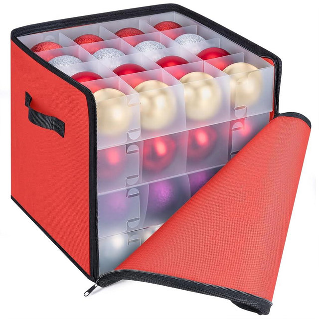 BALEINE Christmas Ornament Storage Box with Dividers, Premium Holiday Ornaments Storage Container Bin for Xmas Decorations (64 Ball, Red, Soft)