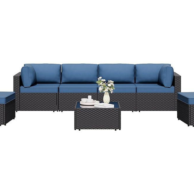 7 Pieces Outdoor Patio Sectional Sofa Couch, Wicker Furniture Patio Conversation Sets with Washable Cushions & Coffee Table for Garden, Poolside, Backyard