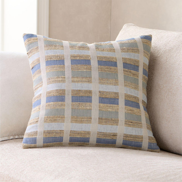 Harper Organic Cotton, Linen and Silk Blend 20"x20" Pale Blue Stripe Throw Pillow with Down-Alternative Insert
