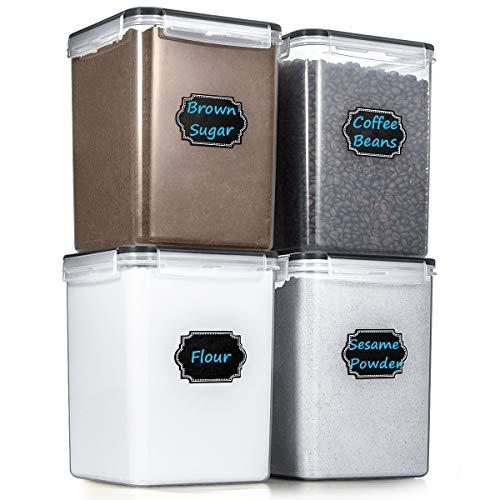 Large Cereal Storage Containers, Wildone Airtight Cereal & Dry Food Storage Containers for Sugar, Flour, Snack, Baking Supplies, Leak-proof with Black Locking Lids - Set of 4 (5.2L /175oz)