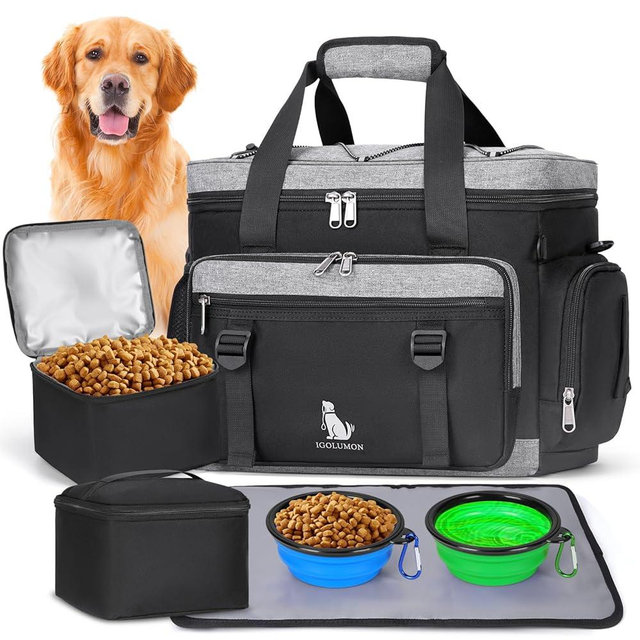 IGOLUMON Dog Travel Bag Large Pet Travel Bags Set for Supplies Weekend Dog Travel Kit Tote Organizer Multi-Pockets Dog Food Travel Bag with 2 Extra Large Food Containers, 2 Dog Bowls, 1 Feeding Mat