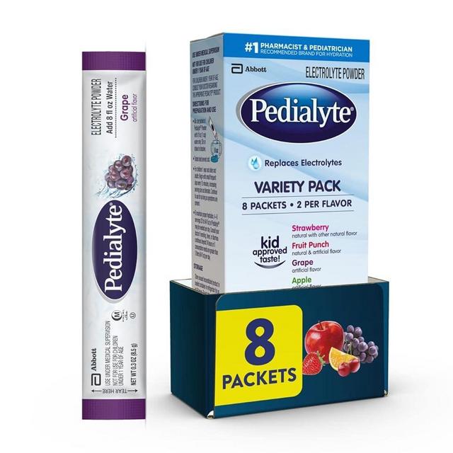 Pedialyte Electrolyte Powder | Hydration Drink for Kids & Adults | Variety Pack: Grape, Strawberry Lemonade, and Orange, 8 Powder Packets