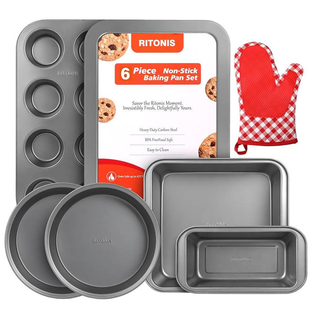 RITONIS 6-Piece Baking Pans Set, Non-stick Bakeware Sets Non-Toxic Baking Sheet Sets for Cooking, Include Round＆Square Cake Pan,Bread Pan,Muffin Pan, Cookie Sheet,with Baking Glove,Black