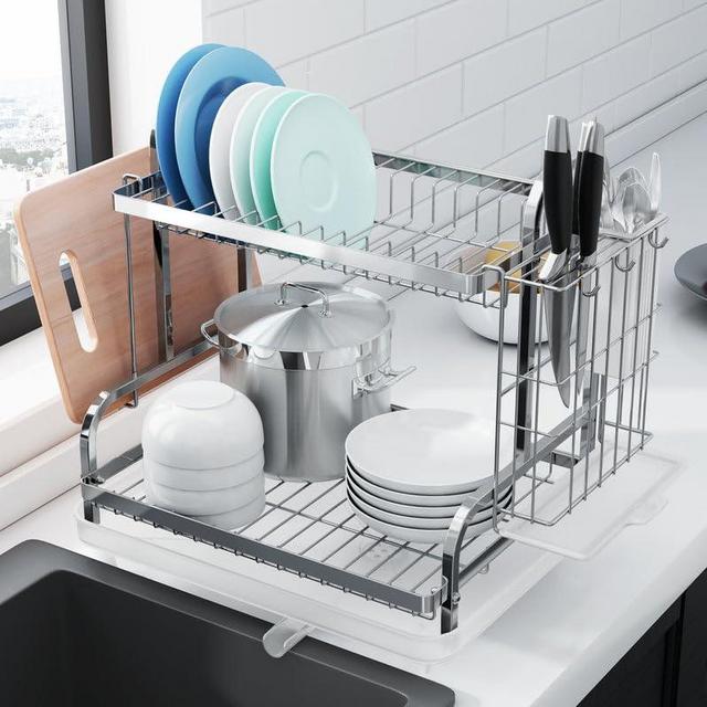 Kitsure Dish Drying Rack, Multifunctional Dish Rack, Rustproof Kitchen Dish Drying Rack with Drainboard, Space-Saving 2-Tier Dish Drying Rack with a Large Capacity for Kitchen Counter, Silver