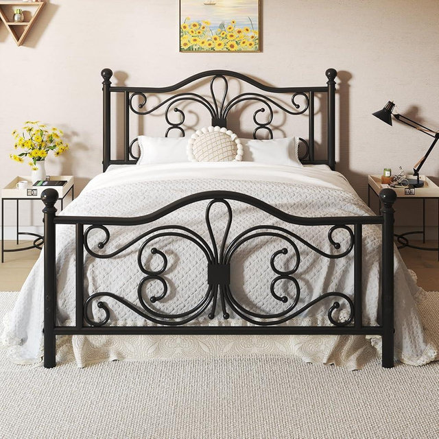 LOEWAY Queen Size Bed Frame/Metal Platform Bed Frame with Butterfly Pattern Design Headboard and Footboard/Strong Metal Slats Support/No Box Spring Needed/Easy Assembly/Noise-Free/Black
