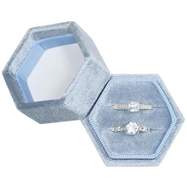 Vicoter Velvet Ring Box, 2 Slots Hexagon Jewelry Ring Gift Box Vintage Ring Display Holder Case for Wedding Ceremony Proposal Engagement (Periwinkle Blue)