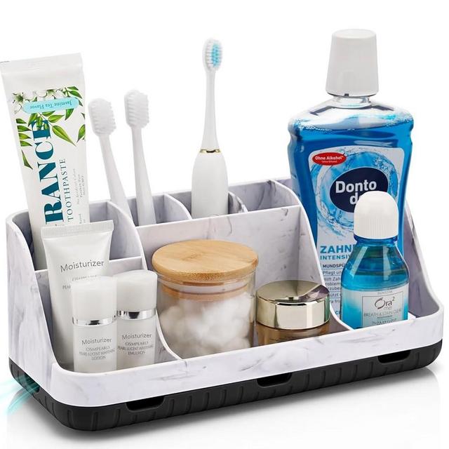 GFWARE Marble Bathroom Countertop Organizer - Detachable 7 Slots Kids Electric Toothbrush and Toothpaste Holde Drainage for Bathroom Accessories Organization Counter Vanity Storage, Black