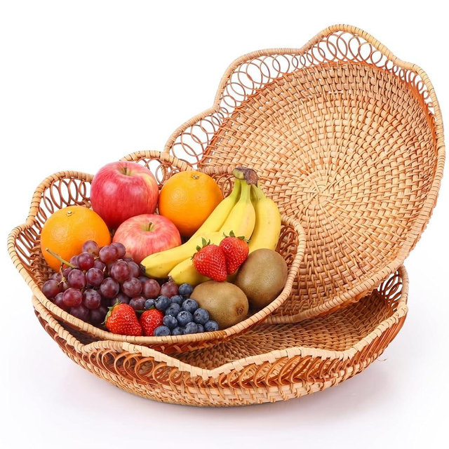 Teecyhooo 3 Pcs Rattan Fruit Basket for Serving Wicker Bread Tray Woven Round Fruit Serving Bowl Natural Handmade Decorative Baskets for Cake Kitchen Counter Table