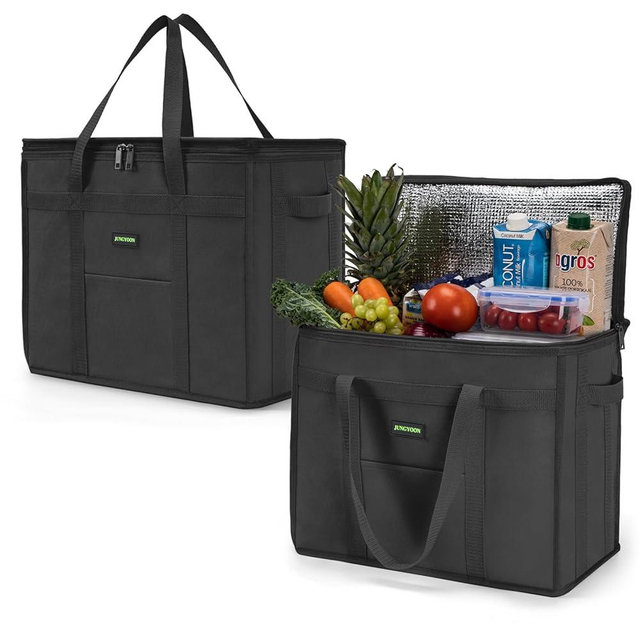 JUNGYOON 2 Pack XL Insulated Grocery Bags and Cooler Bag for Food Delivery Bag, Collapsible Cooler, Reusable Shopping Bags for Groceries with Zipper Top, Heavy Duty, Stands Upright,Black