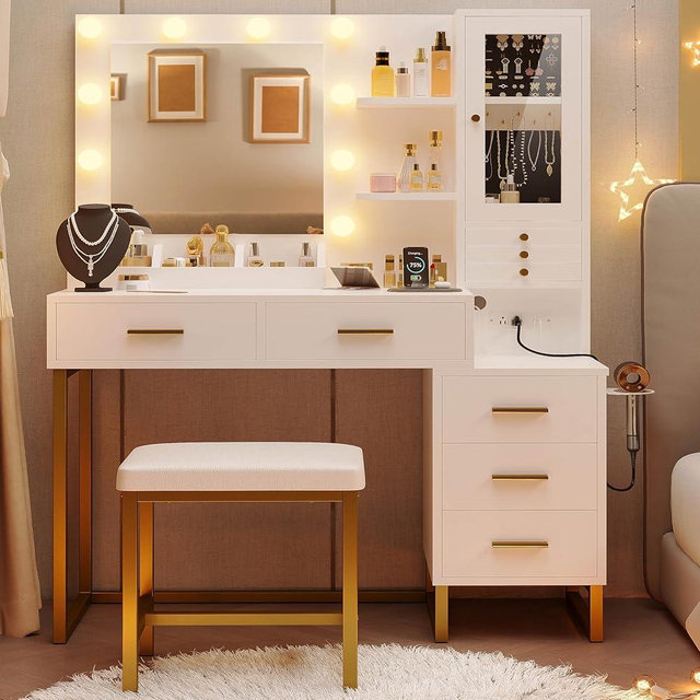 IRONCK Vanity Desk with Mirror and Lights, Makeup Vanity Table with 5 Drawers & Shelves, Power Outlet, Vanity Stool, Dressing Table with Jewelry Storage for Girls Bedroom, White & Gold