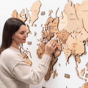 WOOD 3D Wood World Map Wall Art Large Wood Wall Décor Housewarming Gift Idea Wood Wall Art World Travel Map For Home & Kitchen or Office (Light, M)