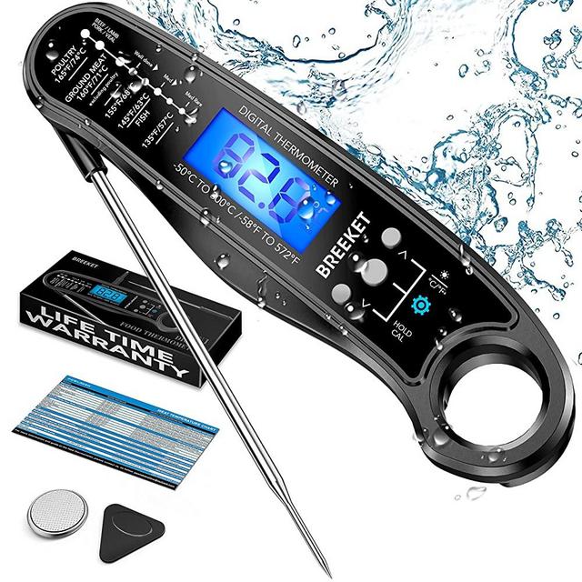 BREEKET 2 in 1 Instant Read Meat Thermometer for Cooking, Precise & Fast Digital Food Thermometer with Backlight, Magnet, Calibration, and Dual Foldable Probe for Deep Fry, BBQ, Grill, Black