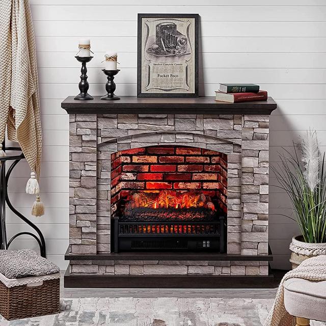 Amerlife Electric Fireplace with Mantel 44" Laminate Finish TV Stand & 23" Insert Heater Combination, Rustic Entertainment Center with Fireplace for TVs up to 50", Great for Living Room, Bedroom