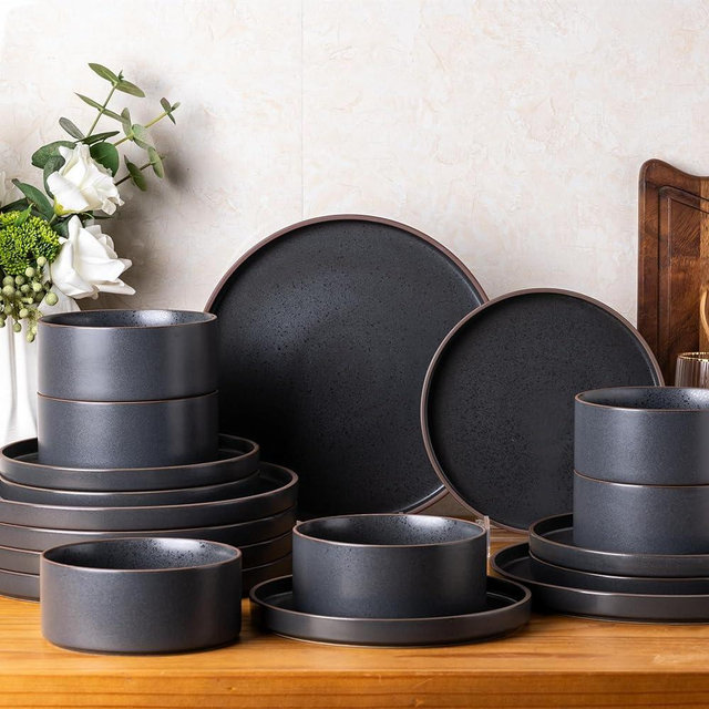 LERATIO Ceramic Dinnerware Sets of 6, High Edge Stoneware Plates and Bowls Set, Chip and Crack Resistant | Oven & Dishwasher & Microwave Safe Dishes Set, Service for 6 - Coffee Rim (18 PCS)