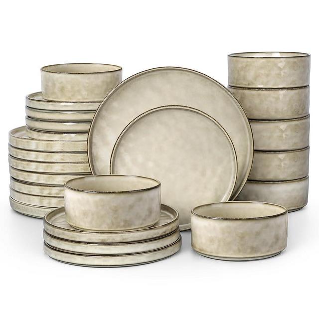 LIANYU Dinnerware Dish Set for 8, 24 Piece Stoneware Plates and Bowls, Ceramic Tableware Sets Includes Dinner Salad Plates, Cereal Bowls, Chip & Scratch Resistant, Sandy Beige