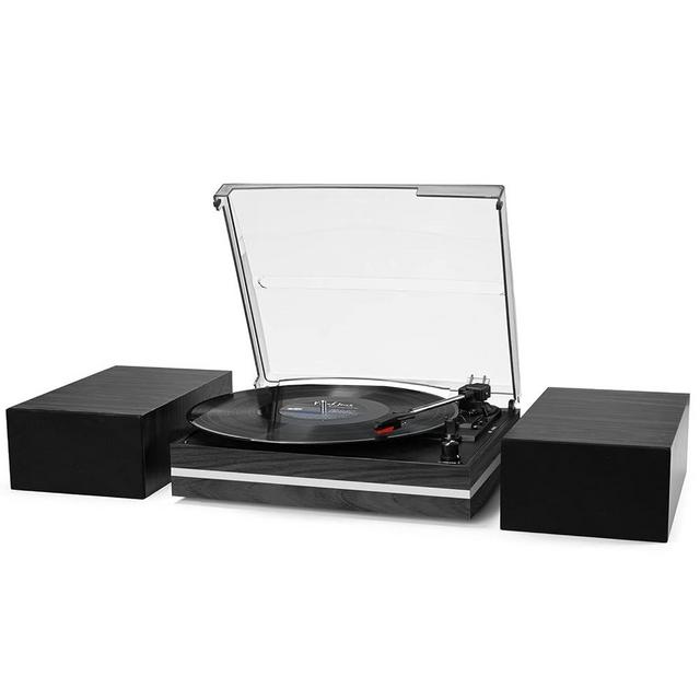 Record Player for Vinyl with External Speakers, Belt-Drive Turntable with Dual Stereo Speakers Vintage Vinyl LP Player Support 3 Speed Wireless AUX Headphone Input Auto Stop for Music Lover Black