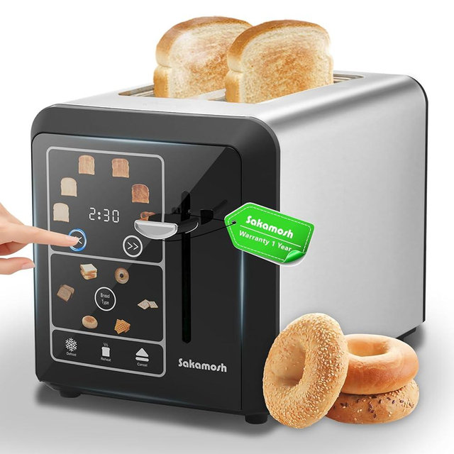 SAKAMOSH Touch screen Toaster 2 slice, Smart Digital Toasters, 6 Browning Levels & 6 Bread Types, Bagel Memory Function, Timer, Stainless Steel, 800W