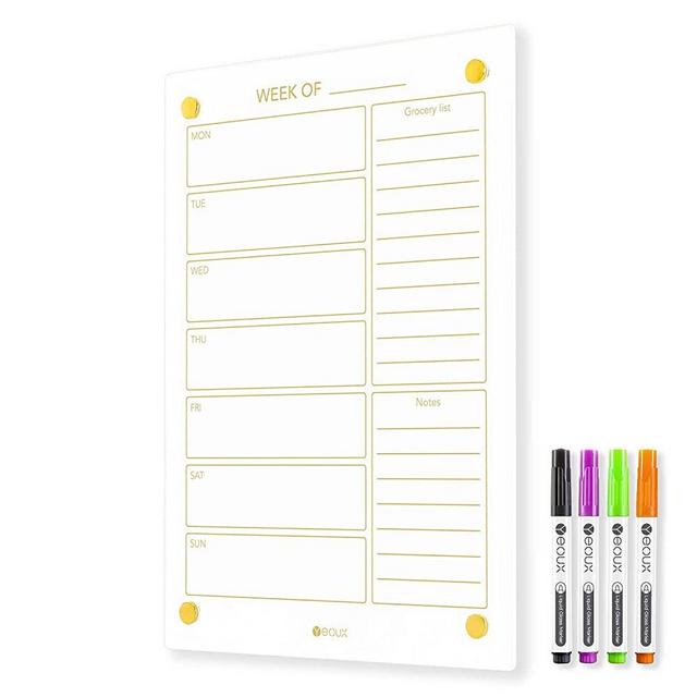 Glass Golden Weekly Dry Erase Calendar & Menu Whiteboard for Wall, Meal Planning & Grocery Shopping List White Board for Kitchen, 15x11", 7 Days Planner for Home, 4 Wet Erase Markers Included, Yeoux