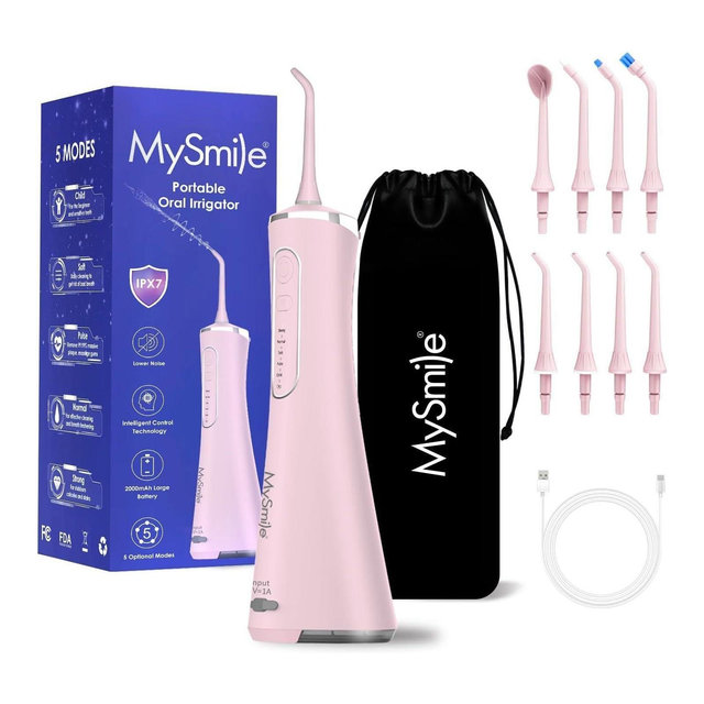 MySmile LP211 Cordless Water Flossers for Teeth, 5 Cleaning Modes, 8 Jet Tips, Pink