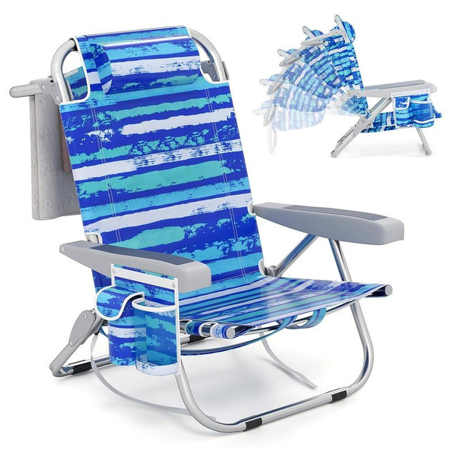 Giantex Backpack Beach Chair, Foldable Camping Chair with 5 Adjustable Position, Cup Holder, Storage Pockets, Straps, Towel Rack, Pillow, Lay Flat Lawn Chair for Patio Outdoor, Blue Stripe