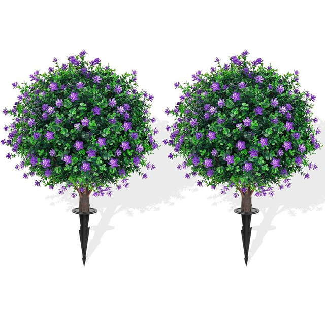 Artificial Purple Flower Topiary Ball Trees with Ground Spike, 2 Pack 16 Inches UV Resistant Artificial Shrubs, Fake Evergreen Artificial Plant Brush for Indoor Outdoor Front Porch Garden