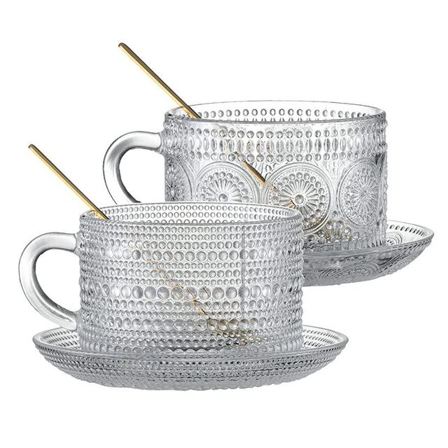 Gezzeny Vintage Coffee Mugs, Glass Coffee Mugs with Saucers 14 Oz Set of 2 Embossed Glass Cups, Tea Cups, Glass Coffee Cups for Cappuccino, Latte,Cereal, Beverage Birthday Valentine's Day Gifts