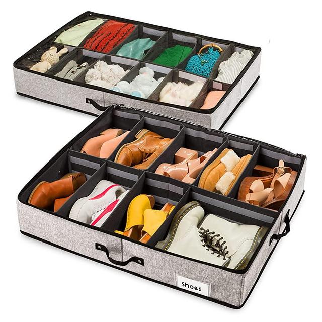 SHIZZO Underbed Storage Solution Organizer Bin 30x24.5x5.9 inches Set of 2 - 20 Adjustable Dividers - Use as Shoe Storage or Under Bed Drawers - For Shoes, Clothes, Boots, Toys - Up to 12 Shoes Each organizer - For Closet, Under Bed, Shoe Rack, Bag
