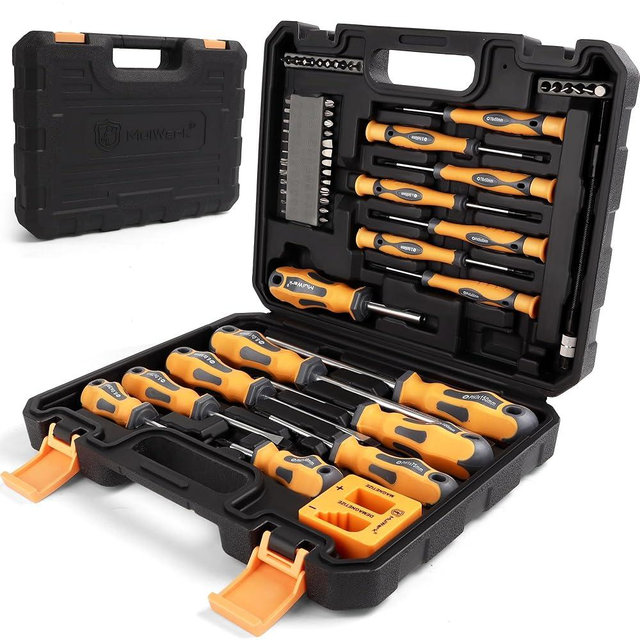 MulWark Magnetic Screwdriver Set 59 Piece Chrome Vanadium Steel, Ergonomic Design Rubber Handle Screwdriver Set with Case Slotted, Phillips, Hex, Pozidriv, Torx and Precision, Magnetizer Demagnetizer