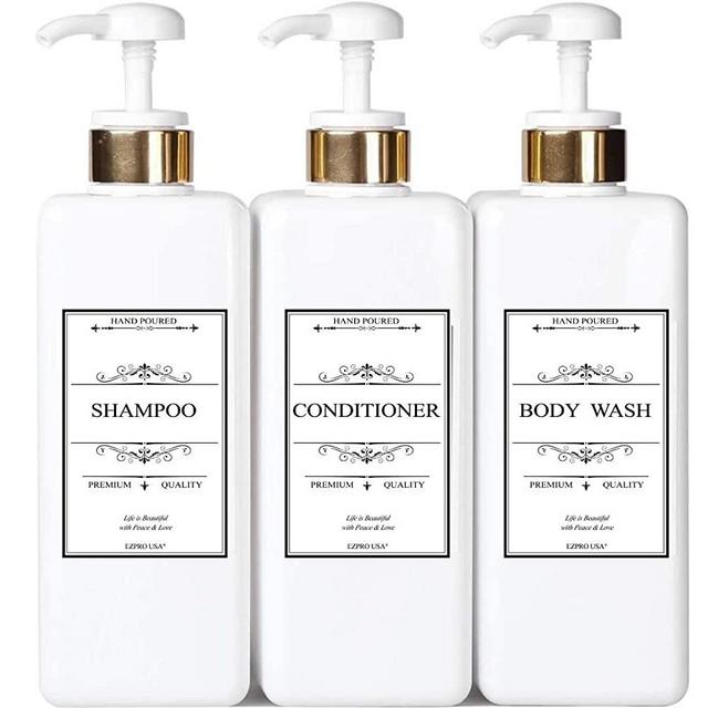 White Opaque Bottle with Gold White Head Empty Plastic Pump Bottles Square Shampoo Bottle Conditioner Soap Lotion Refillable, BPA Free for Body Wash, Moisturizer, Liquid Hand Soap, Set of 3