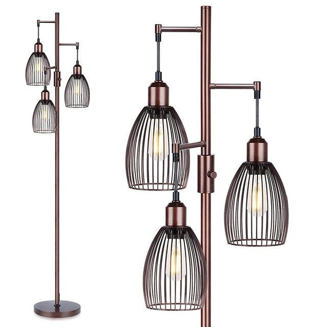 Nintiue Dimmable Floor Lamp, 3 x 800LM LED Edison Bulbs Included, Farmhouse Industrial Floor Lamp Standing Lamp with Elegant Teardrop Cage Heads Tall Lamps for Living Room Office Bedroom
