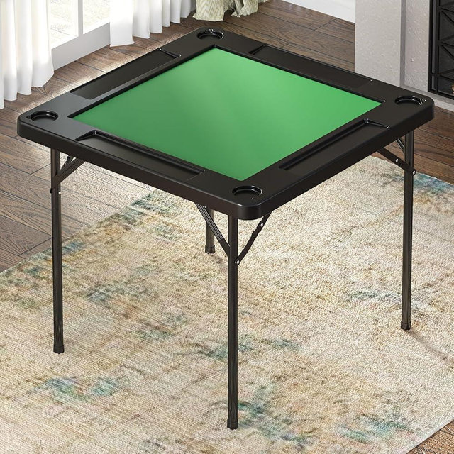 IWDOO Folding Card Table, 35.4" Square Mahjong Table with Green Felt, Chip Trays and Cup Holders, Portable Domino Tables for 4 Players, Card Game Tables for Mahjong Poker Domino Game, Black