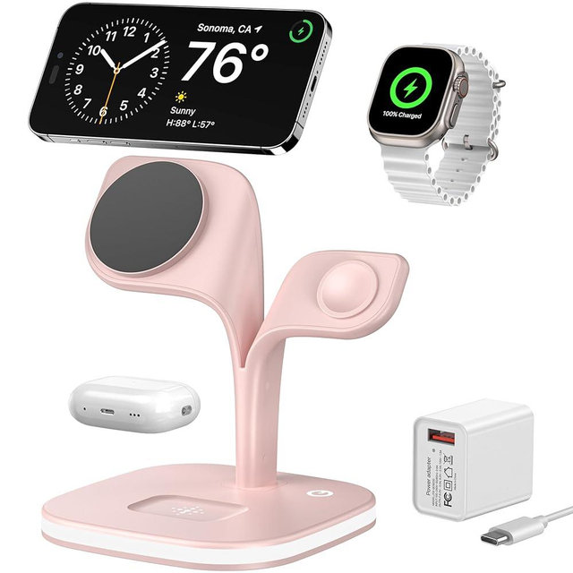 EXW Magnetic Charging Station, 5 in 1 Faster Mag-Safe Wireless Charger Stand for iPhone 16 15 14,13,12 Pro/Max/Mini/Plus, Apple Watch 9/8/7/6/SE/5/4/3/2 and Airpods 3/2/Pro/Pro 2 with LED (Pink)