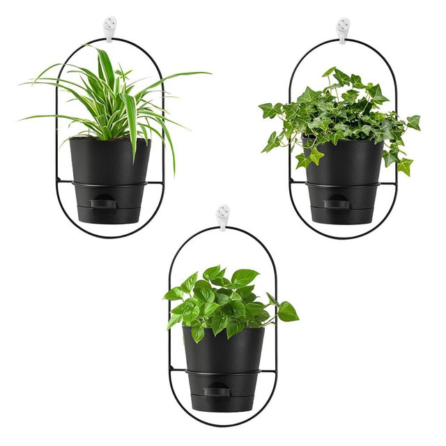3 Set of Wall Planters for Indoor Plants, Hanging Wall Planter with Black Oval Metal Holder, Geometric Self Watering Wall Flower Pots, Wall Mounted Planter, 5" White Plant Pot (Black Frame Black Pot)